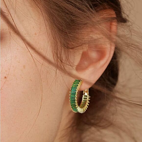 14K Yellow Gold with Emerald Green Cubic Zirconia Drop Hoop Leverback Earrings - Picture 4 of 7